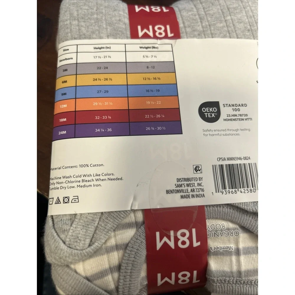 Member's Mark  Soft Organic Cotton Bodysuits  5 Pack Size 18 Month